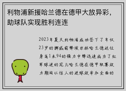 利物浦新援哈兰德在德甲大放异彩，助球队实现胜利连连